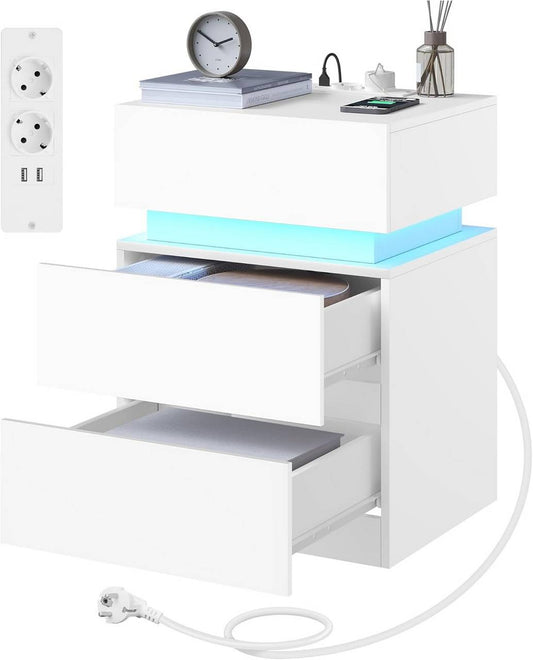 24goodz Nightstand with Charging Function - Adjustable LED Lighting - E1 Quality Wood - For Bedroom and Living Room - White