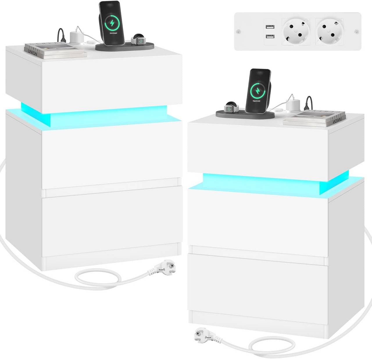 24goodz Nightstand with Charging Function - Adjustable LED Lighting - E1 Quality Wood - For Bedroom and Living Room - White