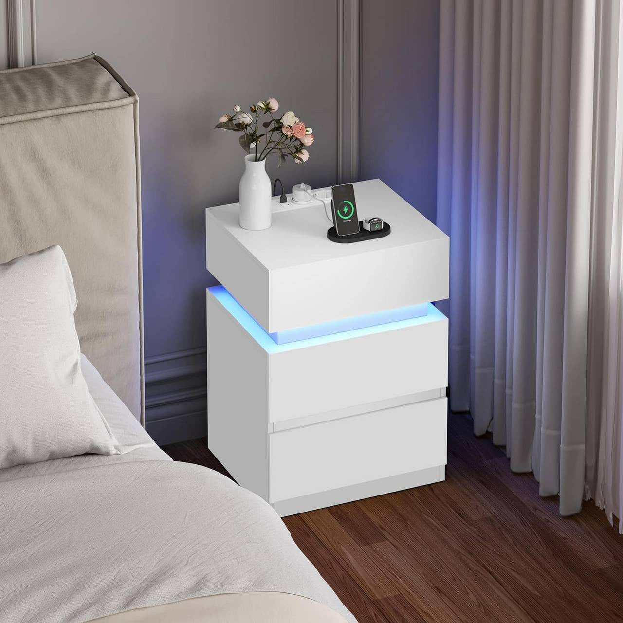 24goodz Nightstand with Charging Function - Adjustable LED Lighting - E1 Quality Wood - For Bedroom and Living Room - White
