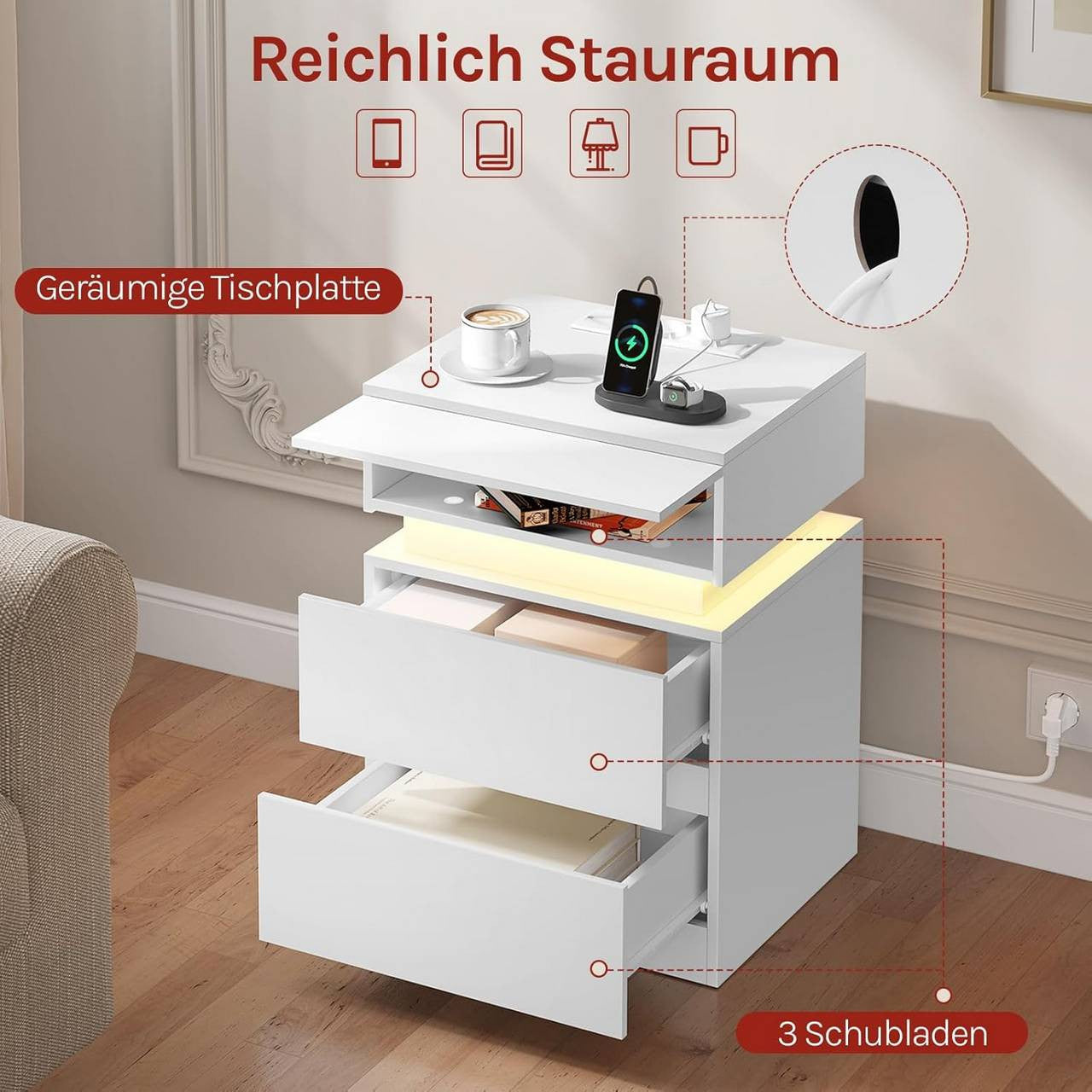 24goodz Nightstand with Charging Function - Adjustable LED Lighting - E1 Quality Wood - For Bedroom and Living Room - White