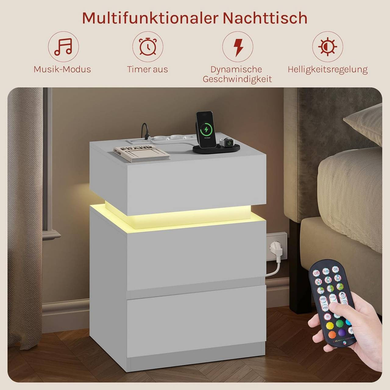 24goodz Nightstand with Charging Function - Adjustable LED Lighting - E1 Quality Wood - For Bedroom and Living Room - White