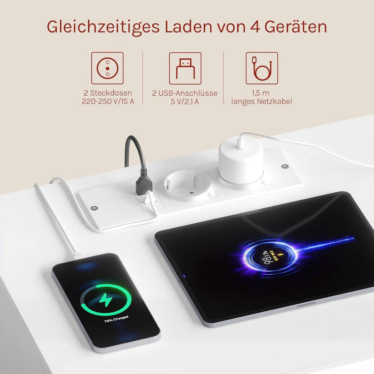 24goodz Nightstand with Charging Function - Adjustable LED Lighting - E1 Quality Wood - For Bedroom and Living Room - White