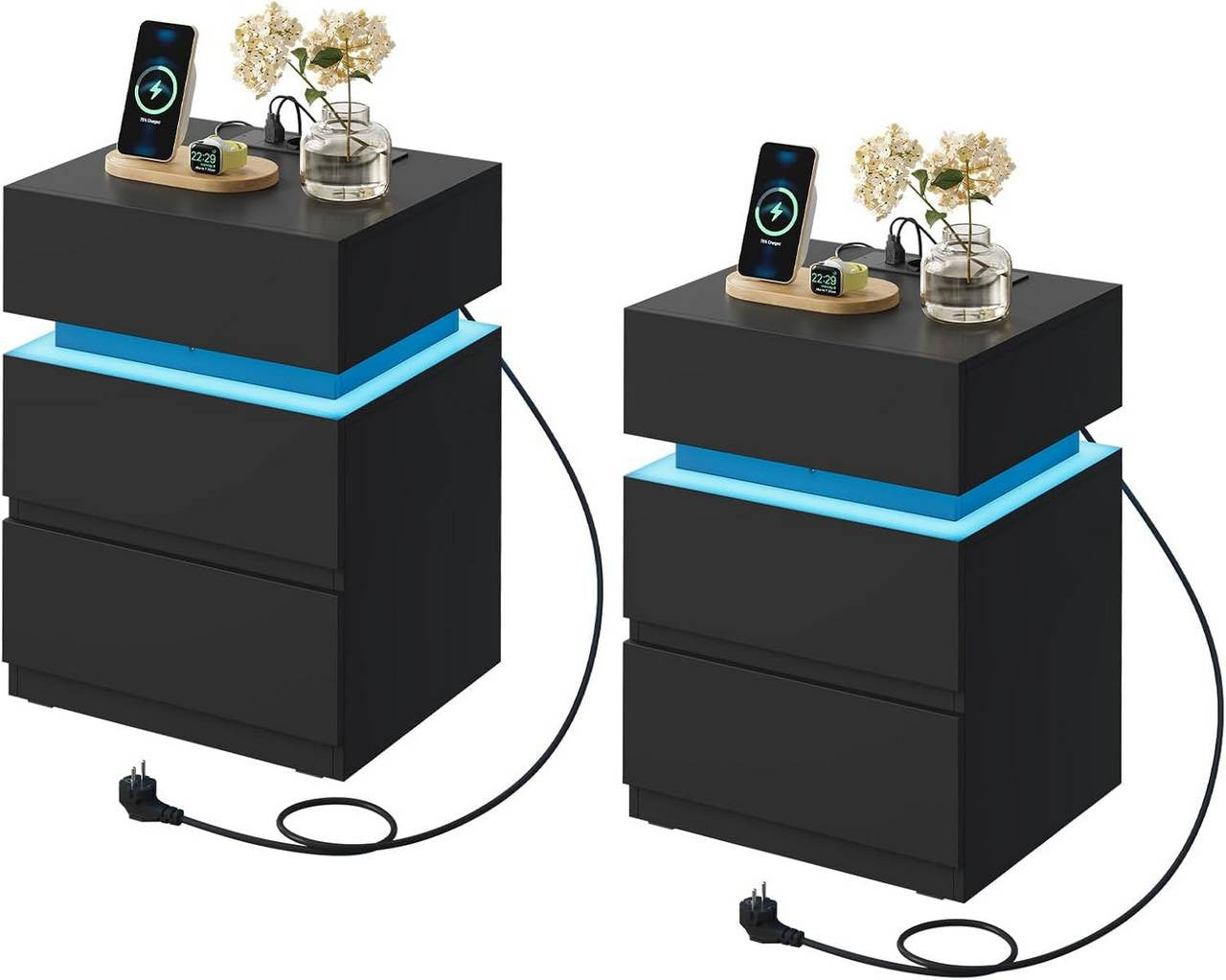 24goodz Nightstand with Charging Function - Adjustable LED Lighting - E1 Quality Wood - For Modern Living - Black