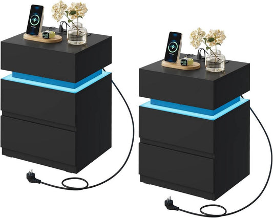 24goodz Nightstand with Charging Function - Adjustable LED Lighting - E1 Quality Wood - For Modern Living - Black