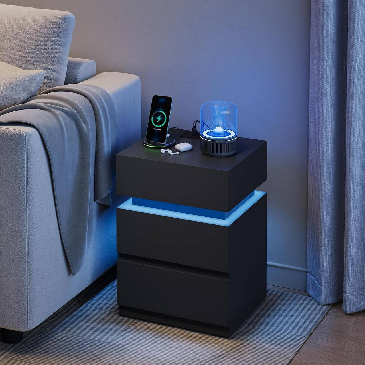 24goodz Nightstand with Charging Function - Adjustable LED Lighting - E1 Quality Wood - For Modern Living - Black