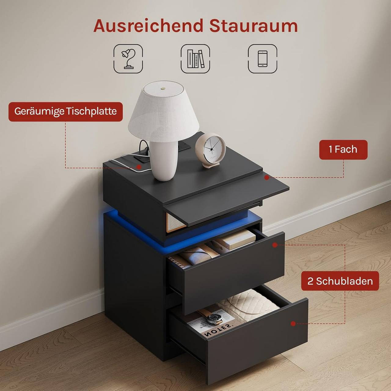 24goodz Nightstand with Charging Function - Adjustable LED Lighting - E1 Quality Wood - For Modern Living - Black