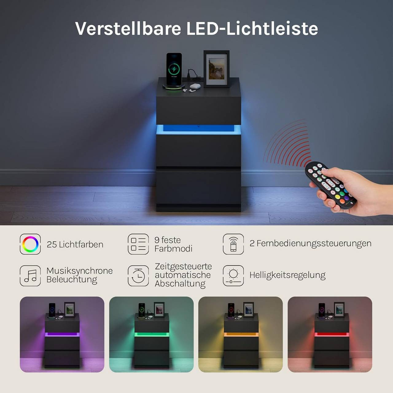 24goodz Nightstand with Charging Function - Adjustable LED Lighting - E1 Quality Wood - For Modern Living - Black