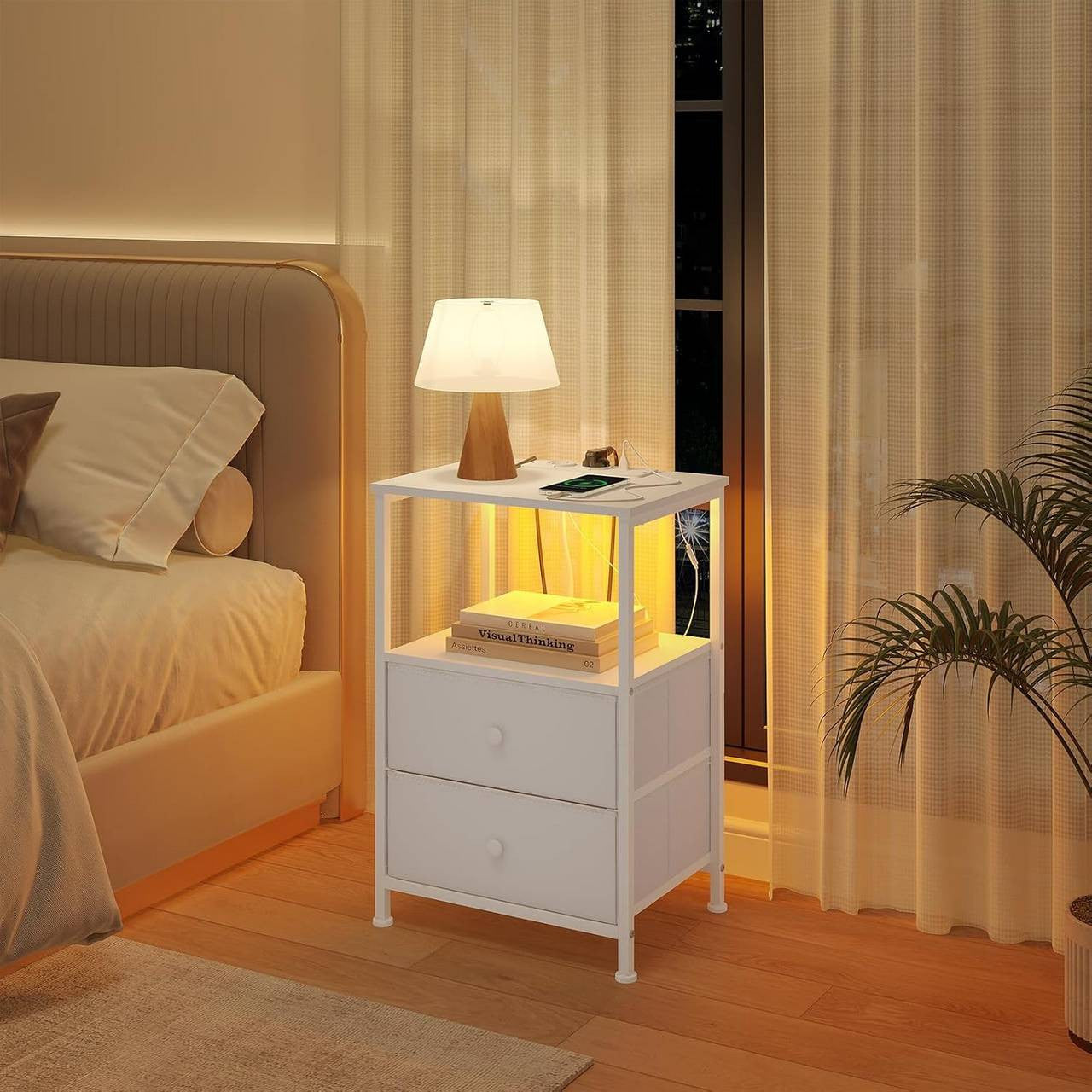 24goodz Nightstand with Charging Function - Integrated Power Outlet - MDF - For Modern Living Spaces - White