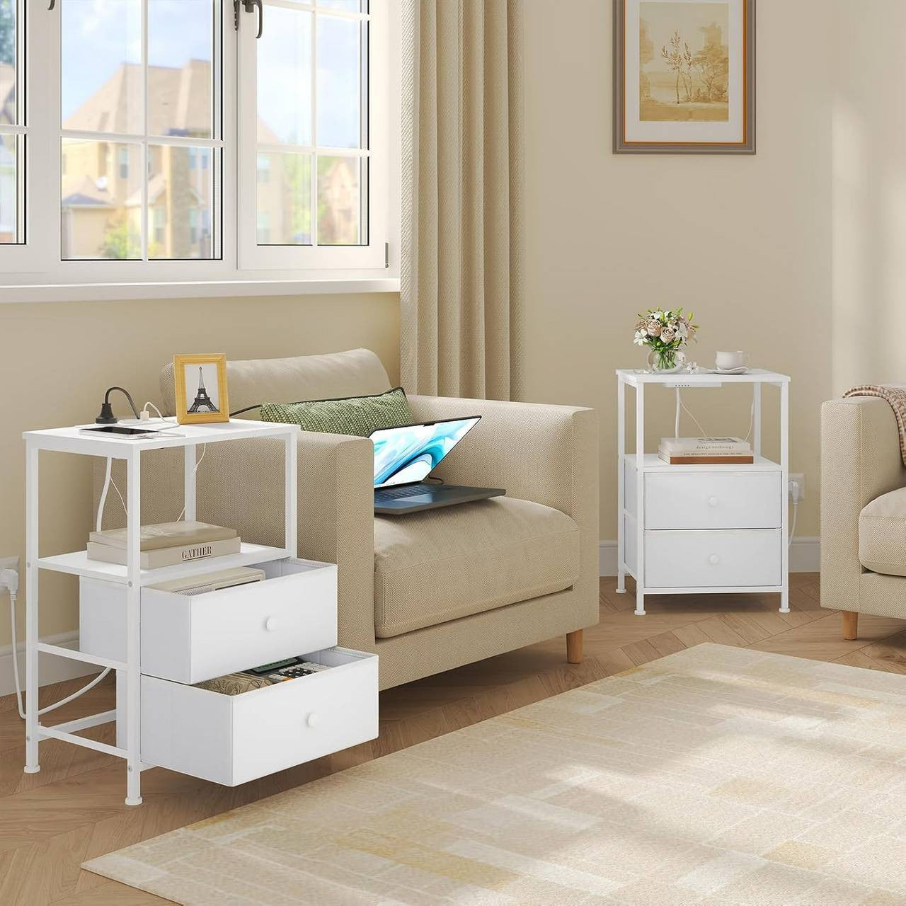 24goodz Nightstand with Charging Function - Integrated Power Outlet - MDF - For Modern Living Spaces - White