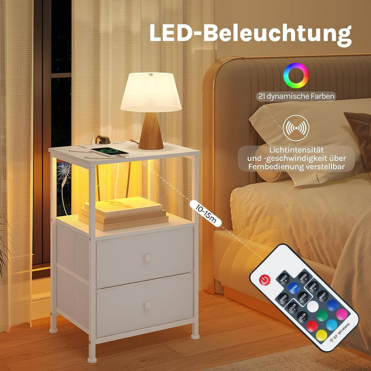 24goodz Nightstand with Charging Function - Integrated Power Outlet - MDF - For Modern Living Spaces - White