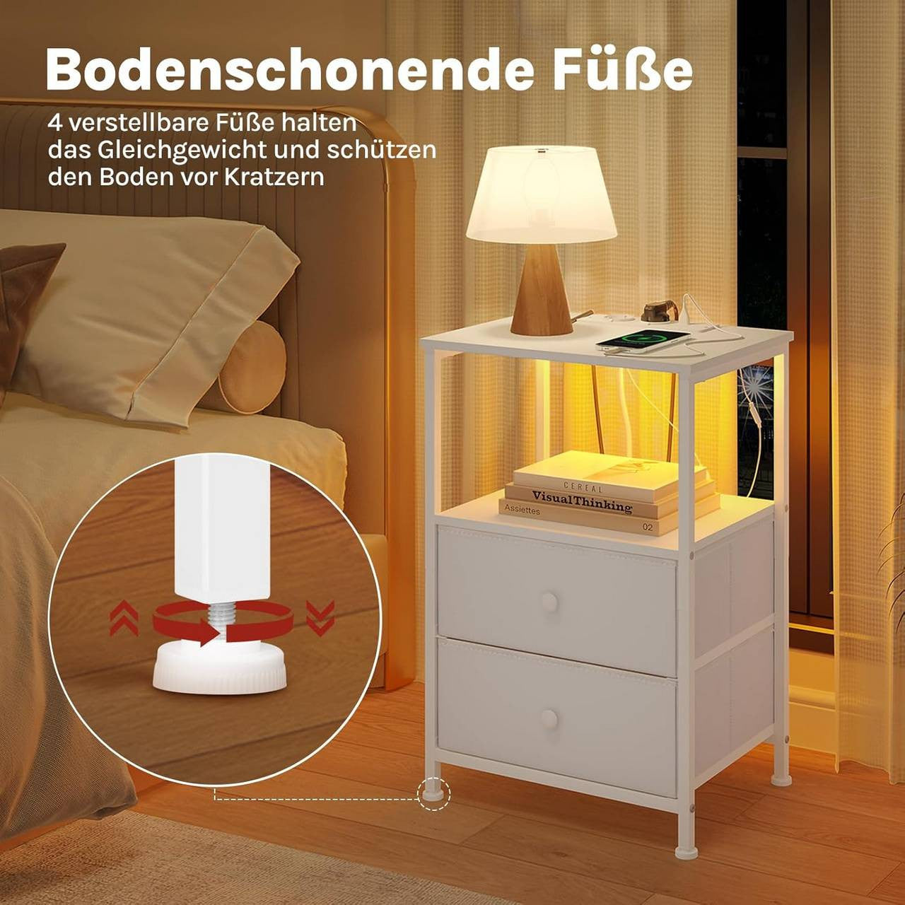 24goodz Nightstand with Charging Function - Integrated Power Outlet - MDF - For Modern Living Spaces - White