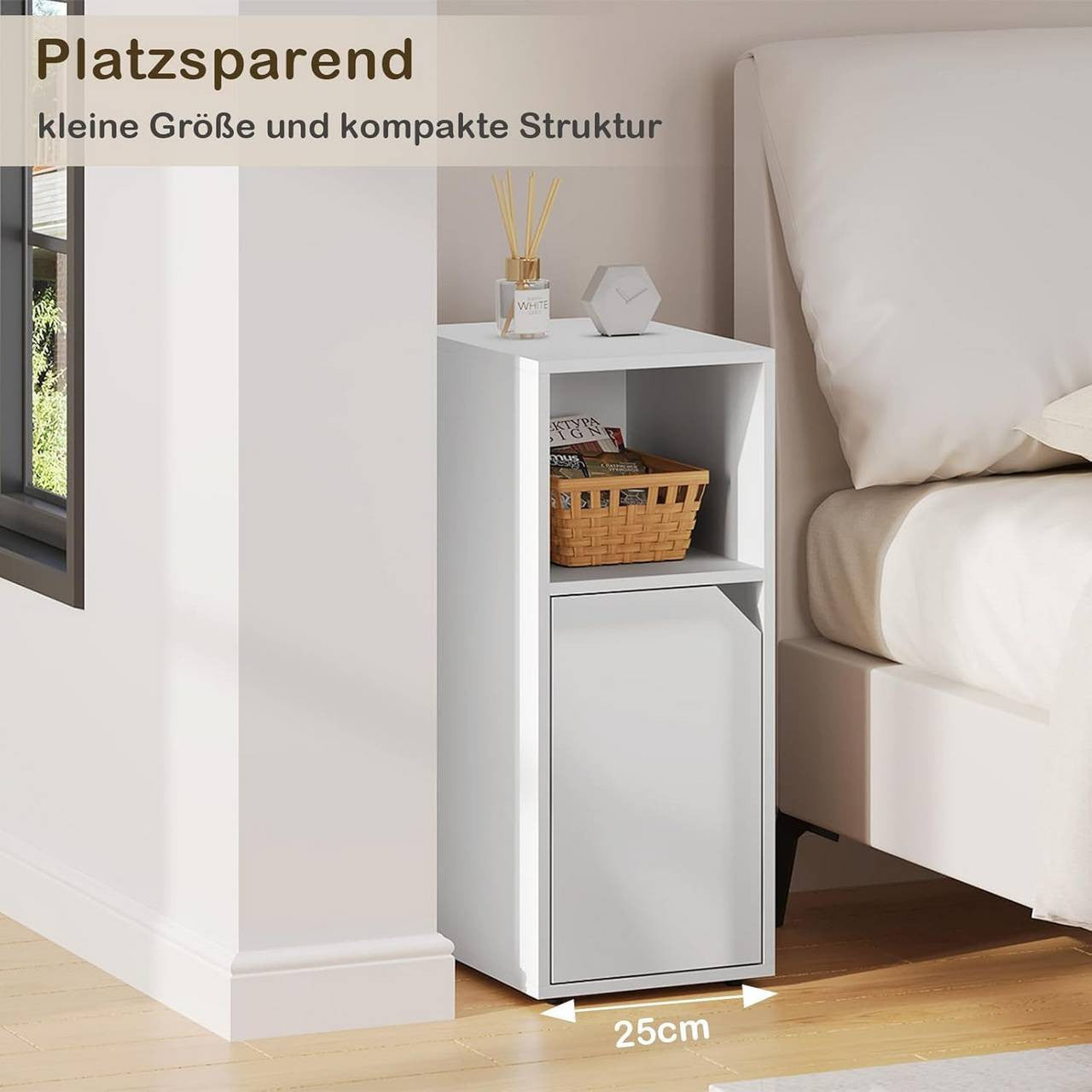 24goodz Slim Nightstand - Reliable Quality - Versatile Storage - E1 Wood Material - White - 25 x 62 x 35 cm