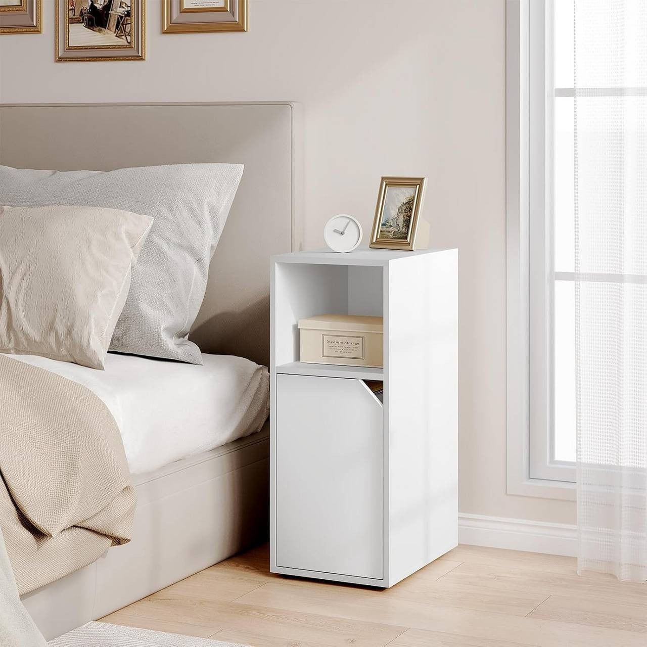 24goodz Slim Nightstand - Reliable Quality - Versatile Storage - E1 Wood Material - White - 25 x 62 x 35 cm