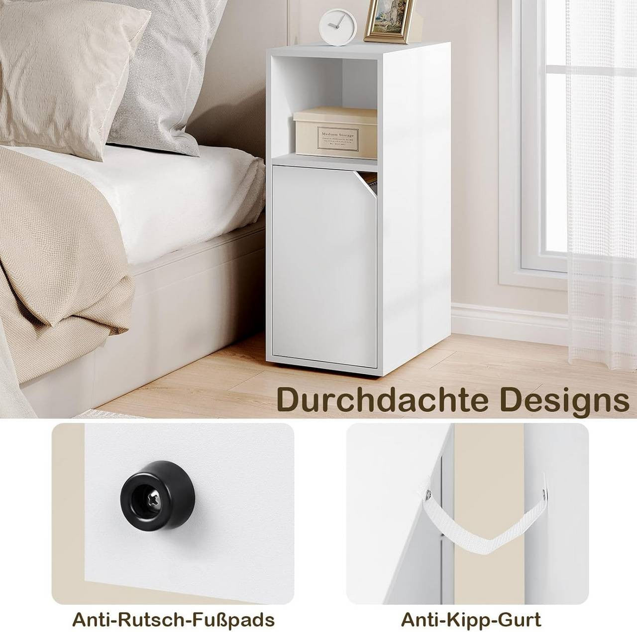 24goodz Slim Nightstand - Reliable Quality - Versatile Storage - E1 Wood Material - White - 25 x 62 x 35 cm