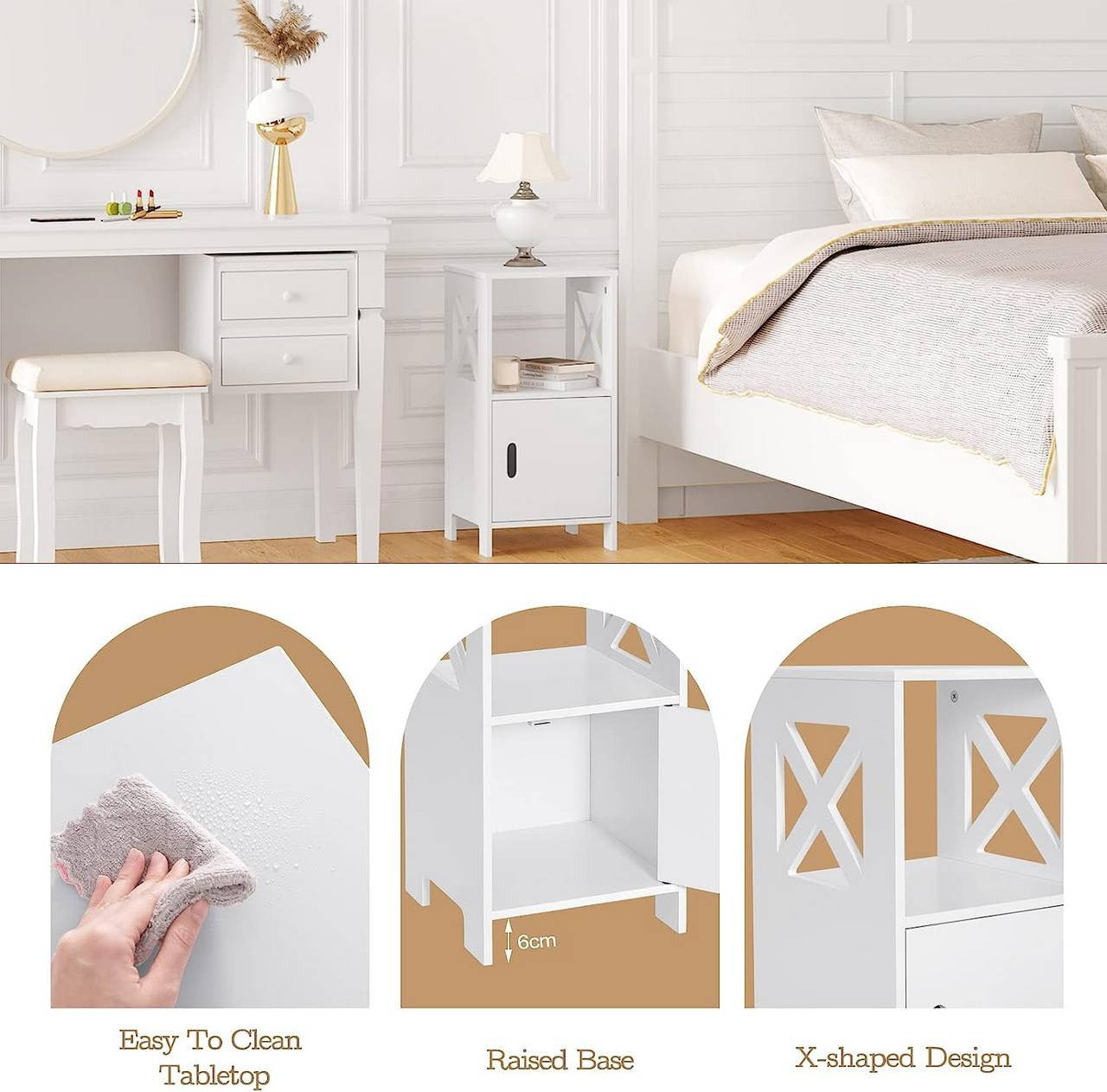 24goodz Nightstand with Open Compartment and Door - Spacious Storage - P2 MDF - For Bedroom or Living Room - White - ws