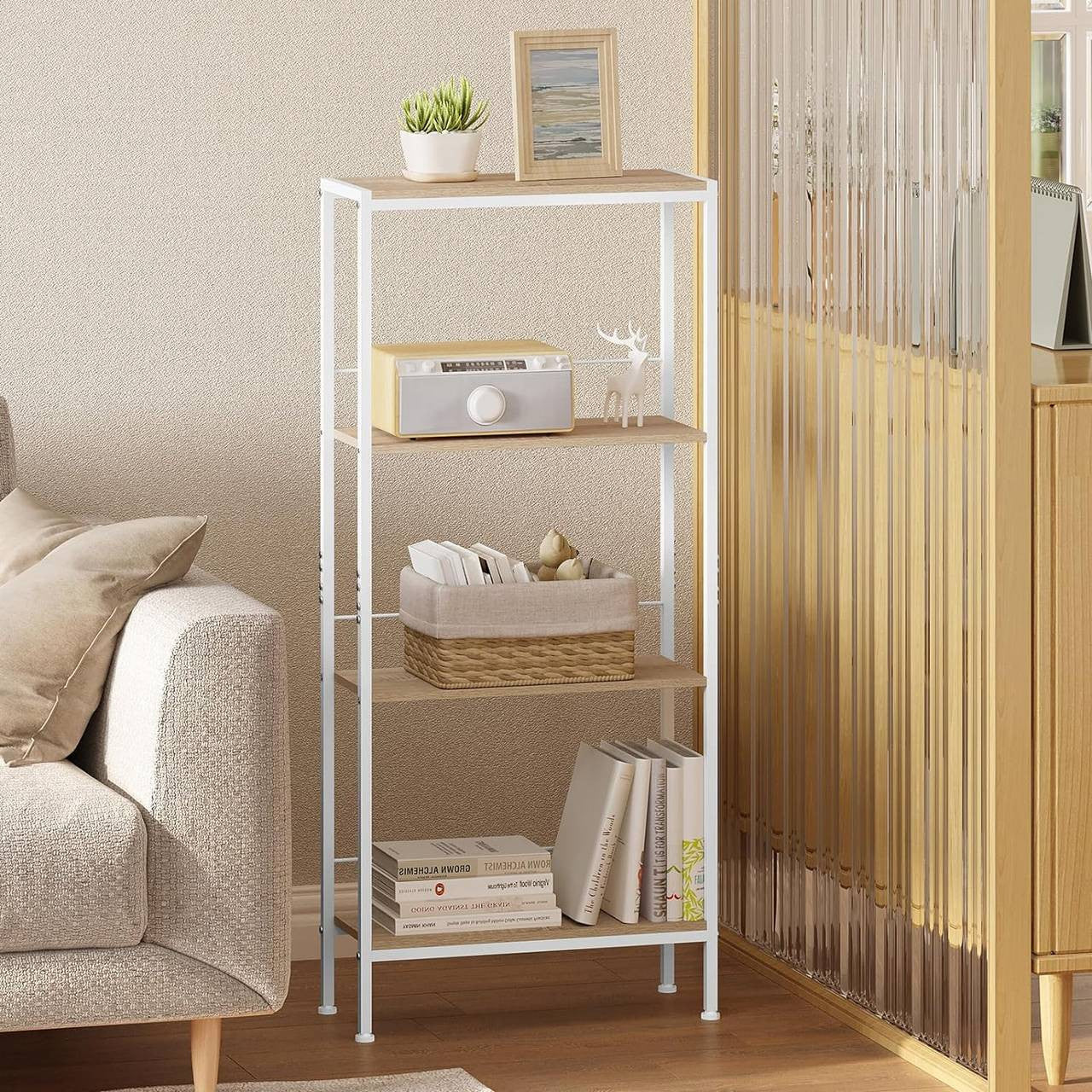 24goodz 4-Tier Freestanding Shelf - Strong Construction - Flexible Use - E1 MDF + Metal - Light Oak + White - 50x110x20 cm