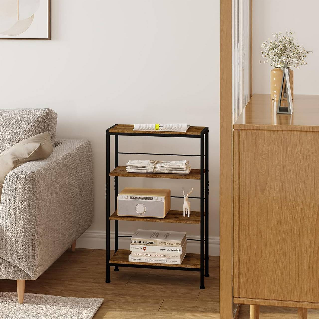 24goodz 4-Tier Freestanding Shelf - Sturdy Construction - Ample Storage Space - E1 MDF + Metal - Vintage Brown + Black - 50x78x20cm