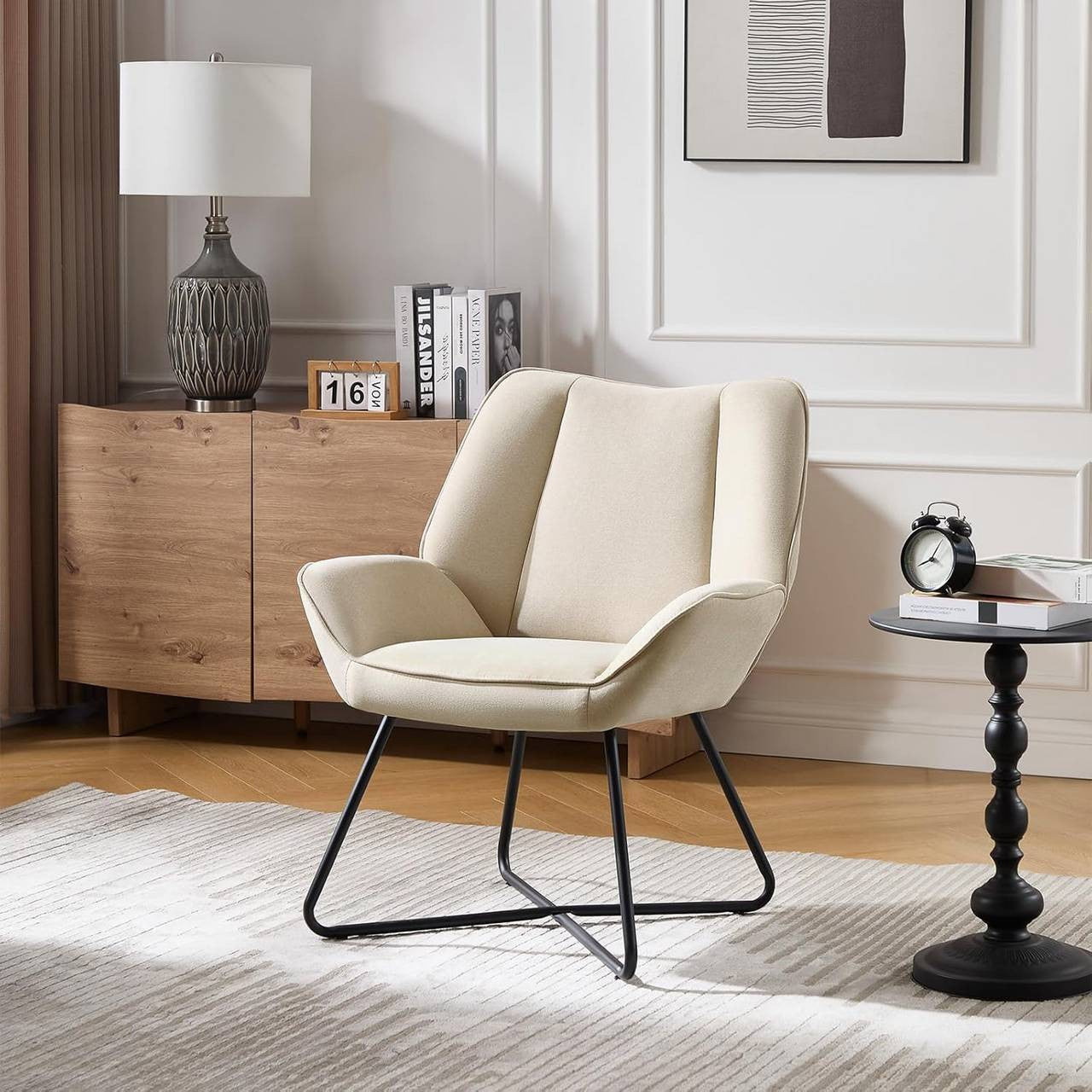 24goodz Wing Chair - Ergonomic Design - High Stability - Linen - For Relaxation - Beige/Dark Grey
