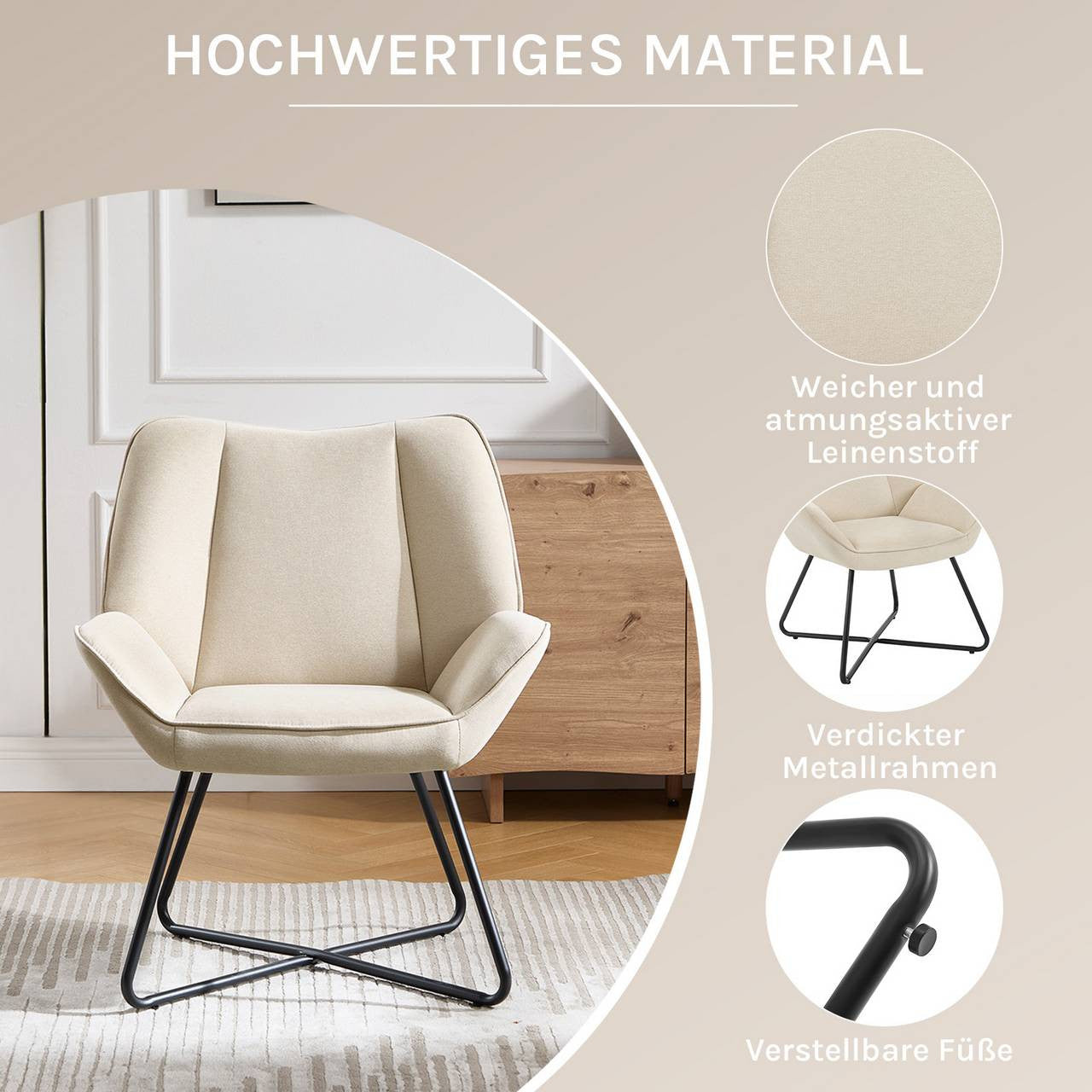 24goodz Wing Chair - Ergonomic Design - High Stability - Linen - For Relaxation - Beige/Dark Grey