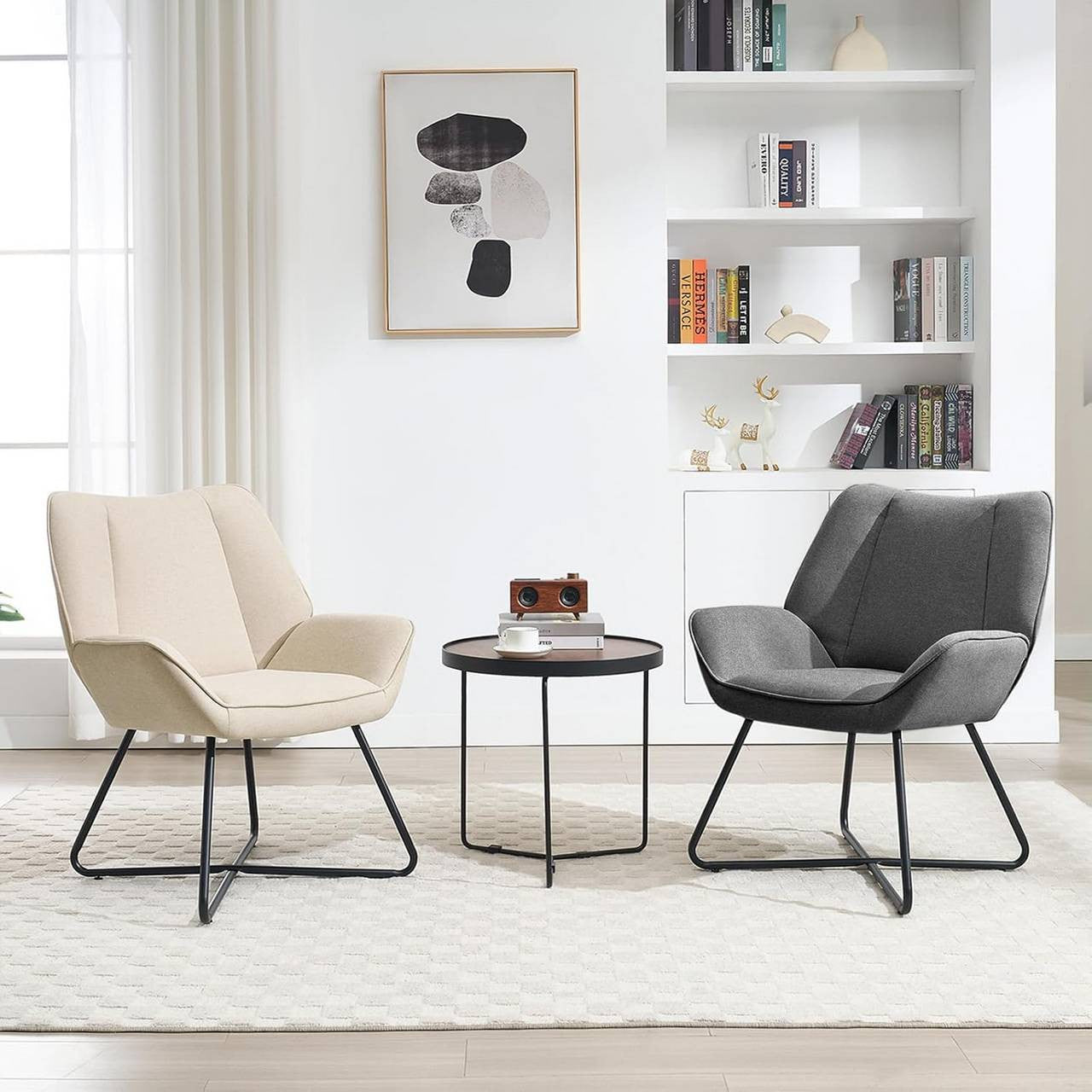 24goodz Wing Chair - Ergonomic Design - High Stability - Linen - For Relaxation - Beige/Dark Grey