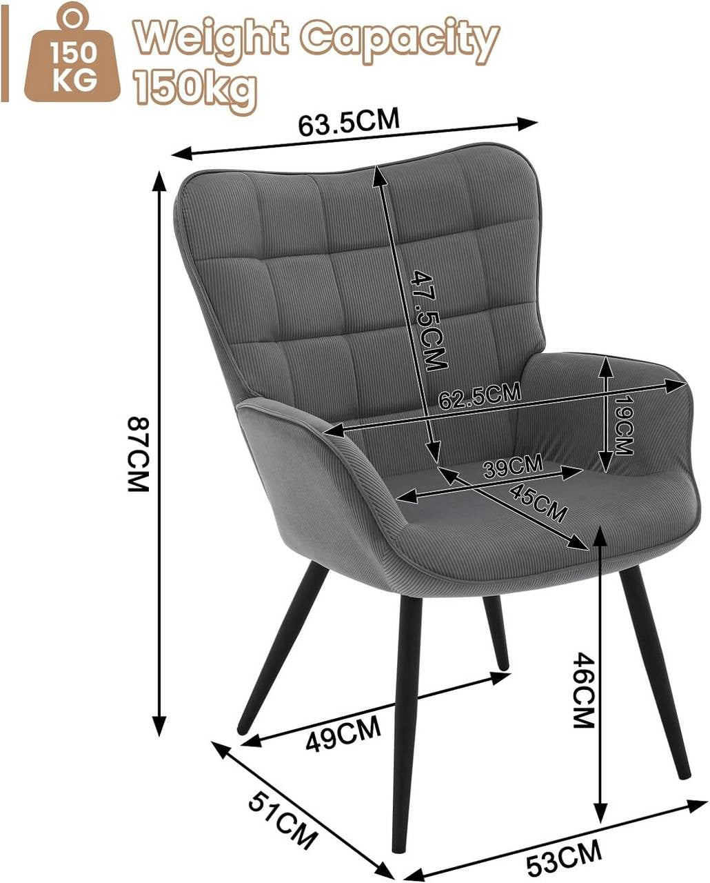 24goodz Wing Chair - Full Comfort - Ergonomic Design - Fabric and Metal - For Home Use - Dark Grey