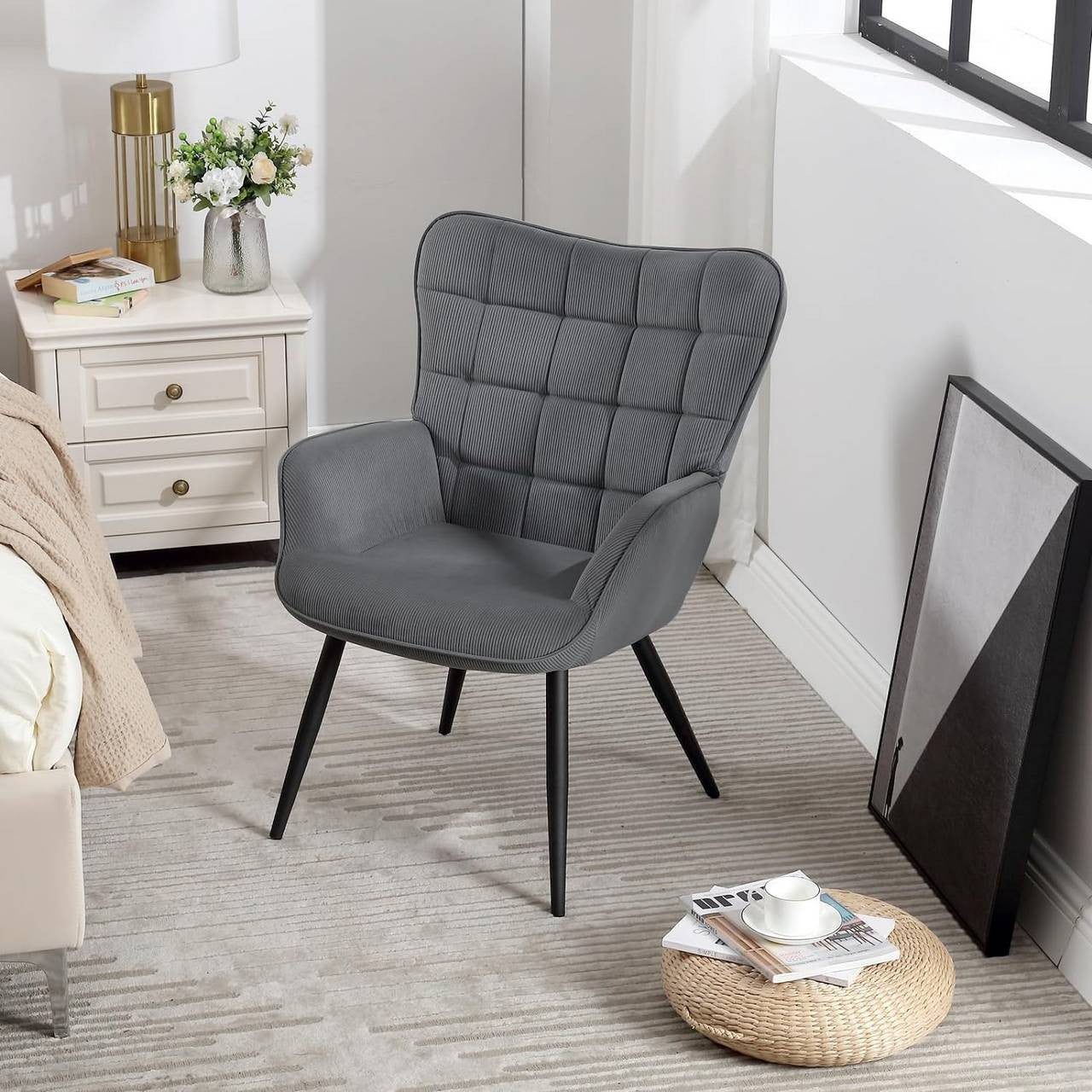 24goodz Wing Chair - Full Comfort - Ergonomic Design - Fabric and Metal - For Home Use - Dark Grey