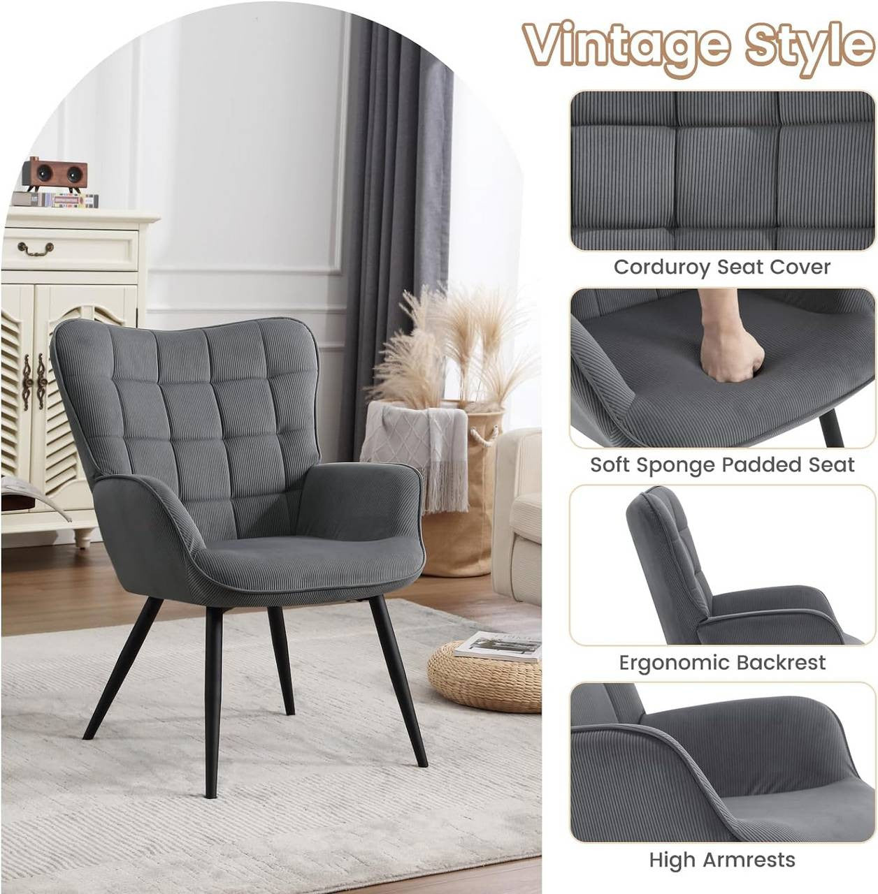 24goodz Wing Chair - Full Comfort - Ergonomic Design - Fabric and Metal - For Home Use - Dark Grey