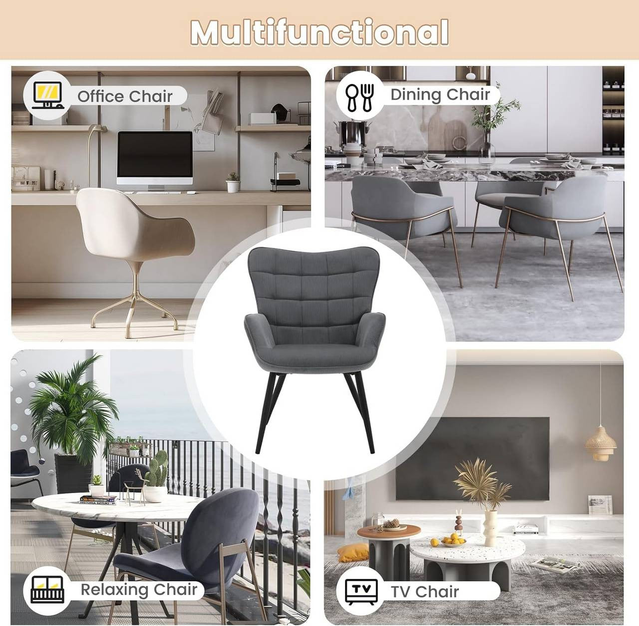 24goodz Wing Chair - Full Comfort - Ergonomic Design - Fabric and Metal - For Home Use - Dark Grey
