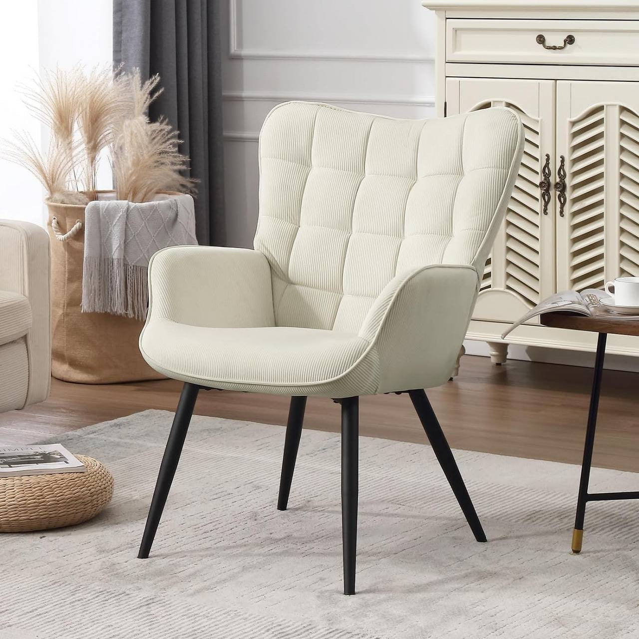 24goodz Wing Chair - Full Comfort - Ergonomic Design - Fabric and Metal - For Home Relaxation - Cream White