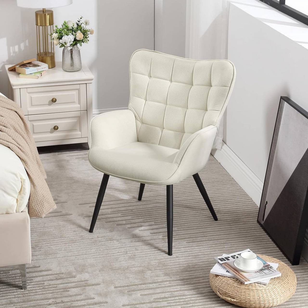 24goodz Wing Chair - Full Comfort - Ergonomic Design - Fabric and Metal - For Home Relaxation - Cream White