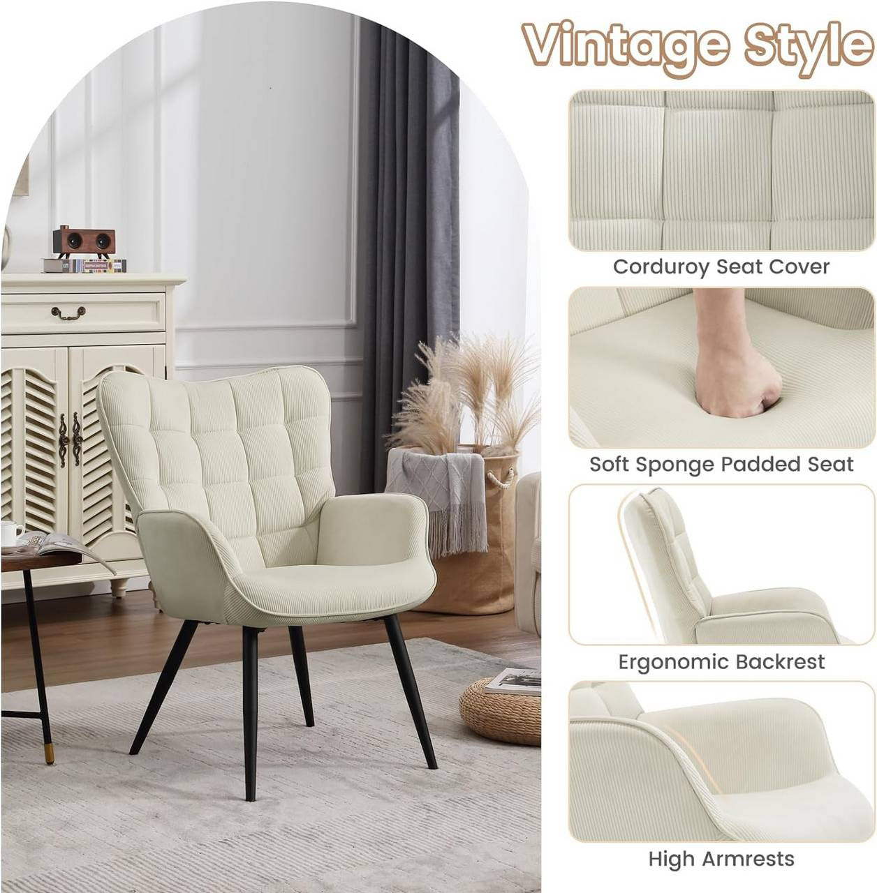 24goodz Wing Chair - Full Comfort - Ergonomic Design - Fabric and Metal - For Home Relaxation - Cream White