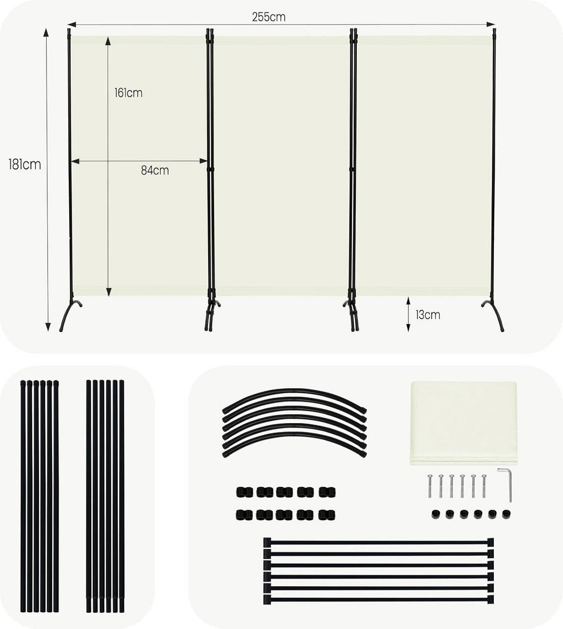 24goodz 3-Panel Folding Privacy Screen - Stable and Durable - Multifunctional - PA-Coated Polyester - For Indoor and Outdoor Use - Cream