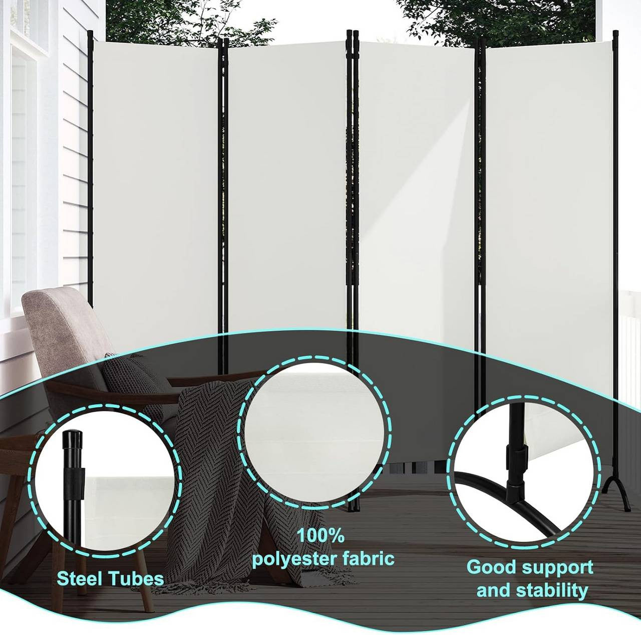 24goodz 4-Panel Folding Privacy Screen - Sturdy and Durable - Waterproof and Sun Resistant - PA-Coated Polyester - For Indoor and Outdoor Use - Cream