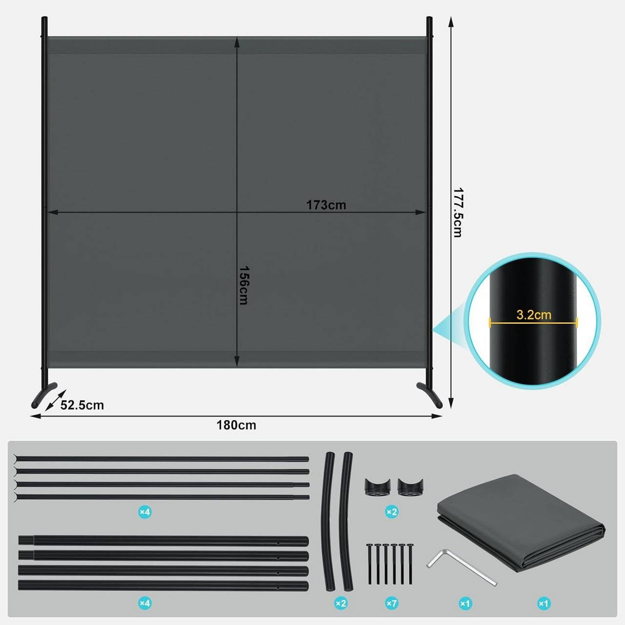 24goodz Free-standing Privacy Screen - Stable and Durable - Multifunctional - PA-coated Polyester - Dark Grey - 180 x 177.5 cm
