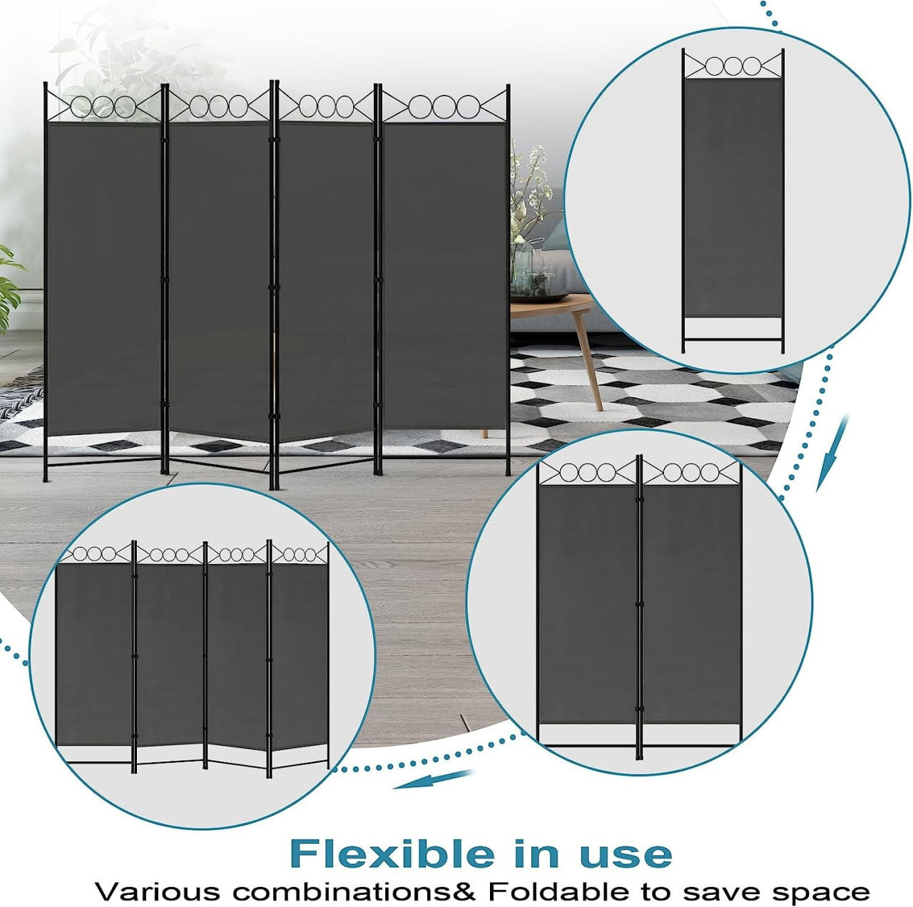 24goodz Room Divider - Robust & Durable - Foldable & Flexible - Polyester + Metal - Dark Grey - 167 x 172 cm - dgr