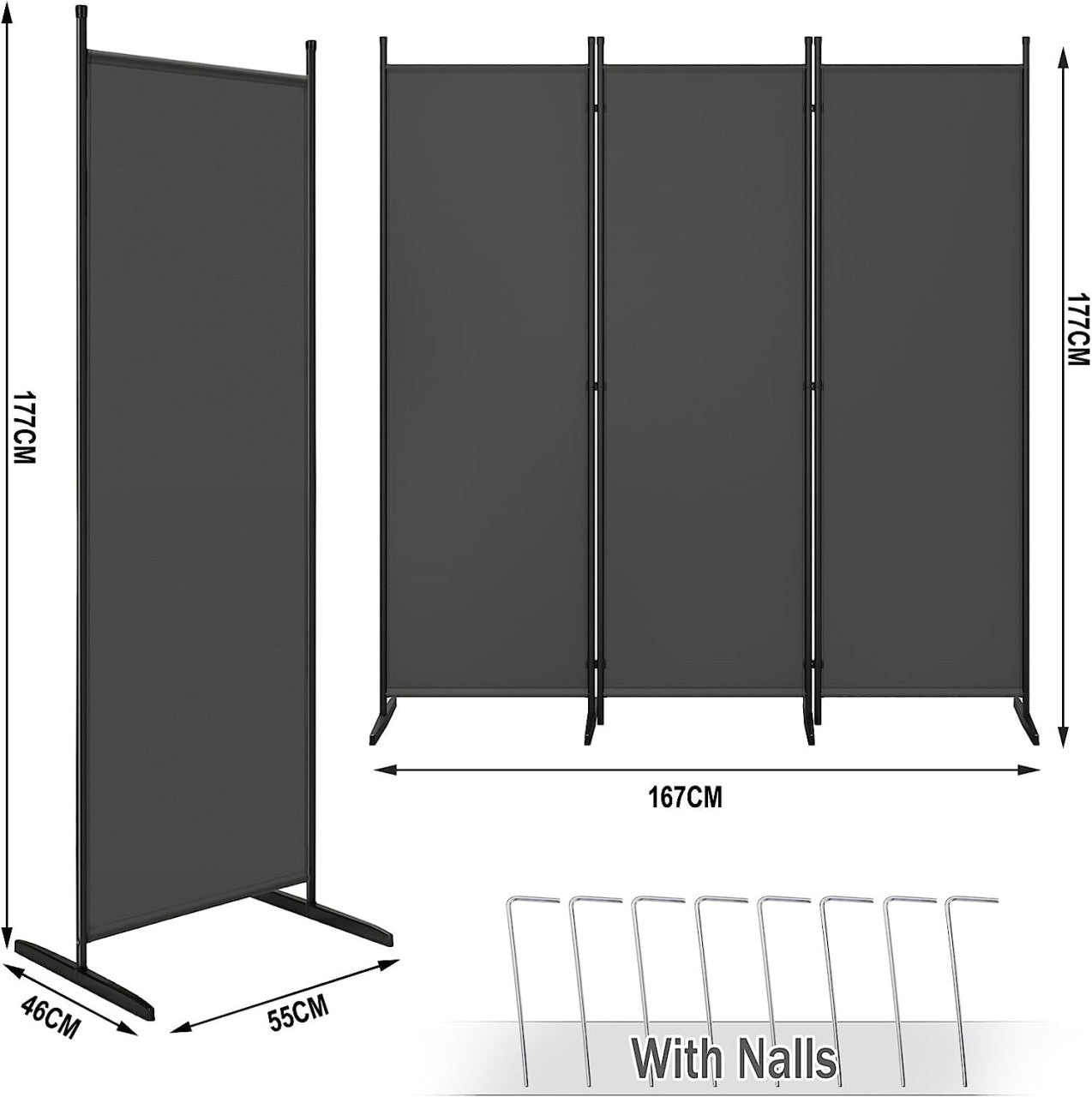 24goodz Folding Room Divider - Functional Privacy Screen - Durable Polyester - For Indoor and Outdoor Use - Dark Grey 223x172 cm - dgr