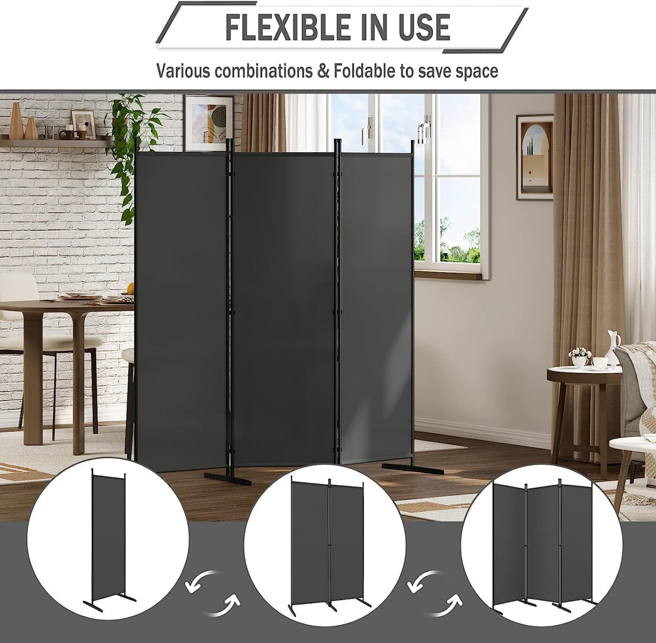 24goodz Folding Room Divider - Functional Privacy Screen - Durable Polyester - For Indoor and Outdoor Use - Dark Grey 223x172 cm - dgr
