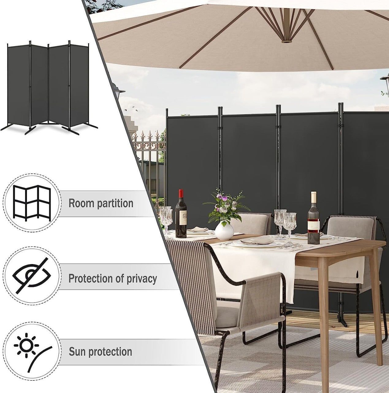 24goodz Folding Privacy Screen - Functional Sun and Wind Protection - Durable Polyester and Metal - For Indoor and Outdoor Use - Dark Grey 223x172 cm - dgr