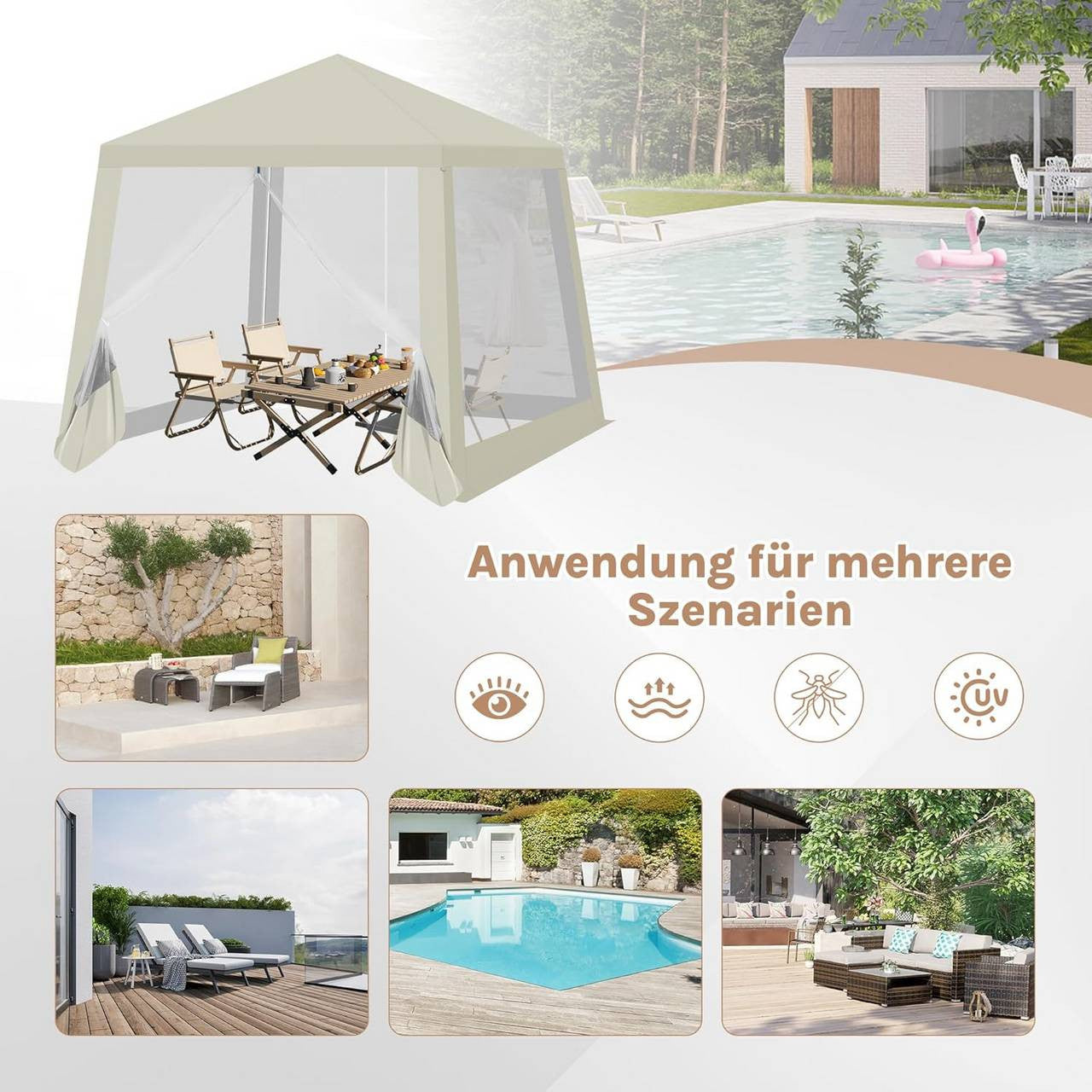 24goodz Garden Pavilion 3x3 m - UV Protection - Breathable Mosquito Net - 210D Oxford Fabric - Beige