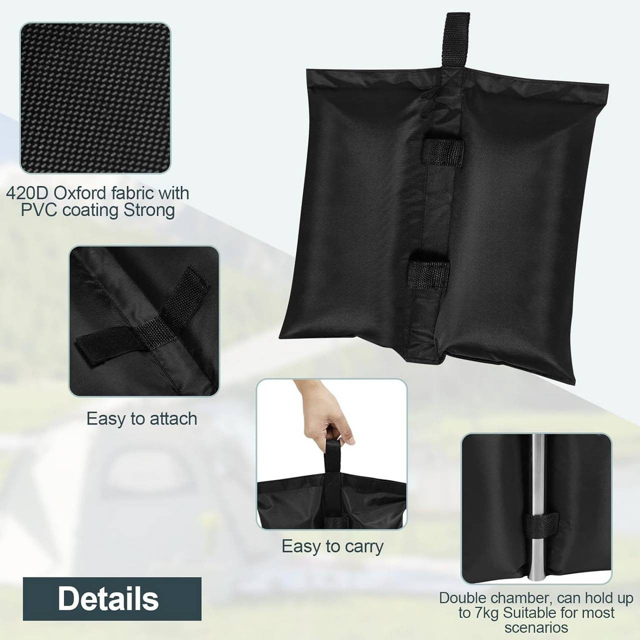 24goodz Sandbag Weight Set of 4 - Strong & Durable - Easy to Attach - 300 gsm Oxford Fabric - Black - 37 x 41.5 cm