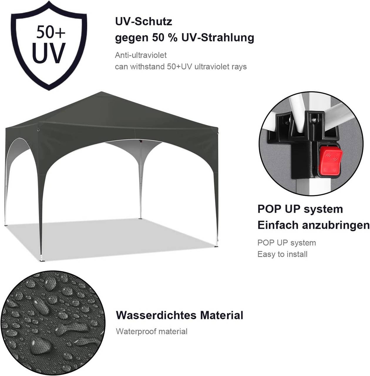 24goodz Pop-Up Gazebo - Waterproof Protection - Easy to Set Up - 210D Oxford - For Outdoor Activities - Grey