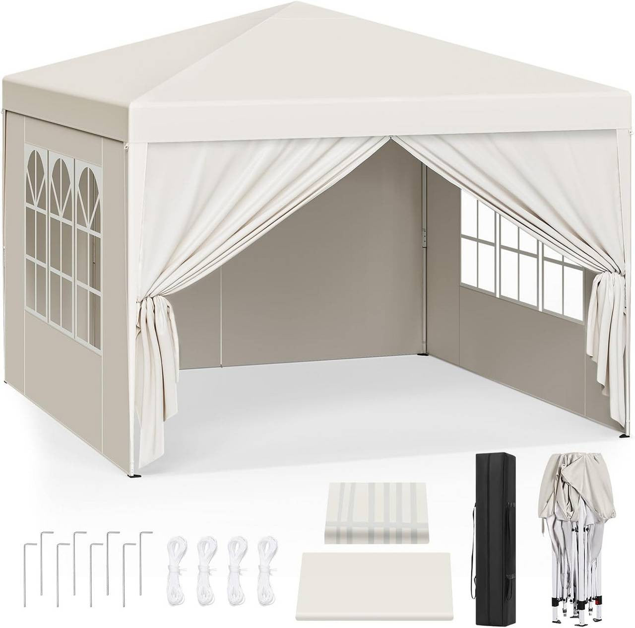 24goodz Pop-Up Pavilion Waterproof Sunshade Camping Canopy Tent 3 x 3 m - Robust Structure - Waterproof and UV Protection - 210D Oxford Fabric - Beige