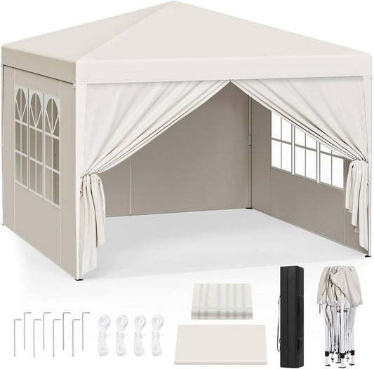 24goodz Pop-Up Pavilion Waterproof Sunshade Camping Canopy Tent 3 x 3 m - Robust Structure - Waterproof and UV Protection - 210D Oxford Fabric - Beige