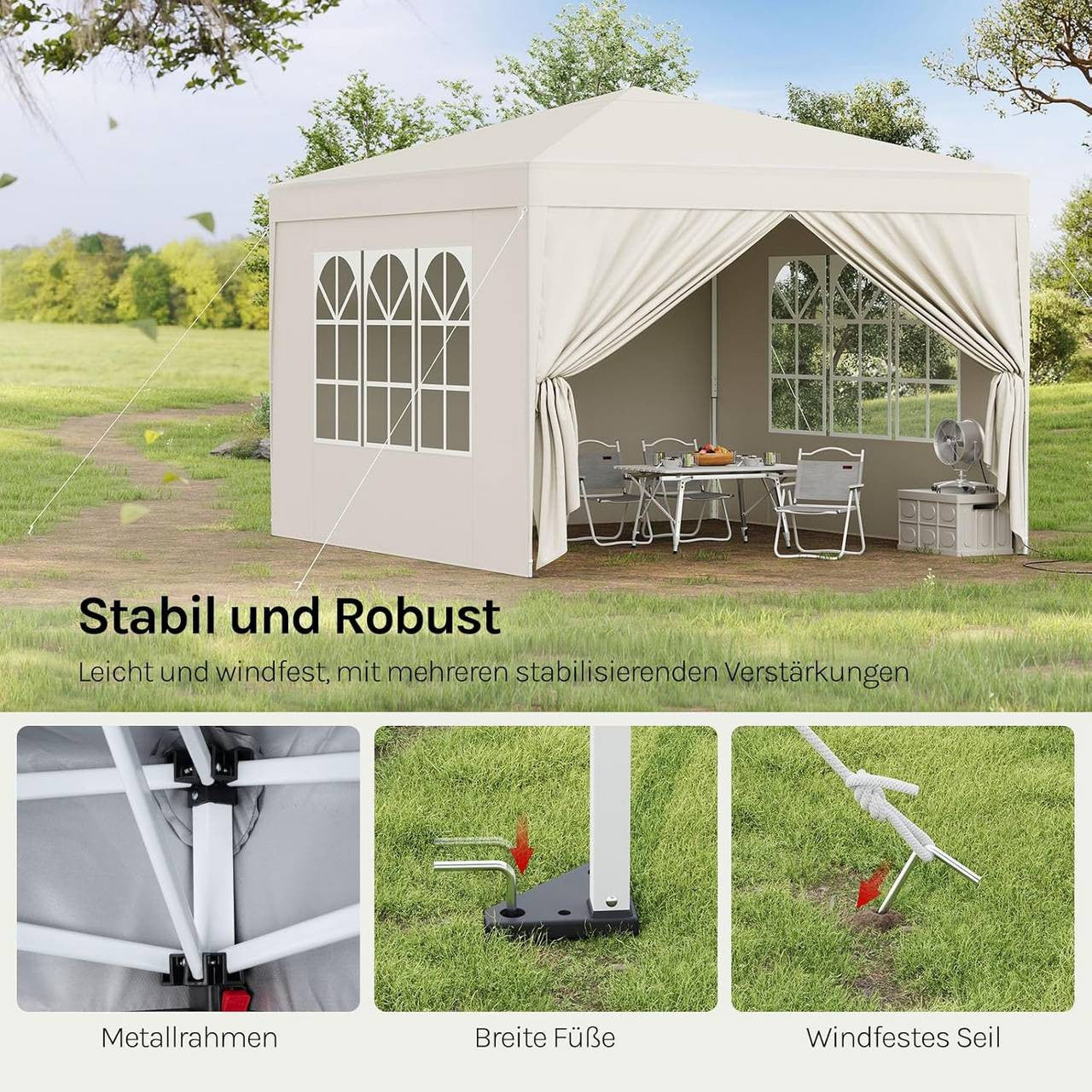 24goodz Pop-Up Pavilion Waterproof Sunshade Camping Canopy Tent 3 x 3 m - Robust Structure - Waterproof and UV Protection - 210D Oxford Fabric - Beige