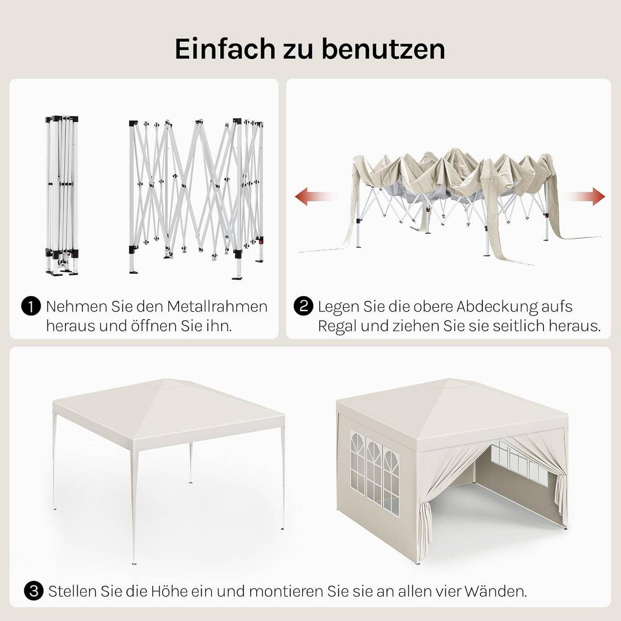 24goodz Pop-Up Pavilion Waterproof Sunshade Camping Canopy Tent 3 x 3 m - Robust Structure - Waterproof and UV Protection - 210D Oxford Fabric - Beige