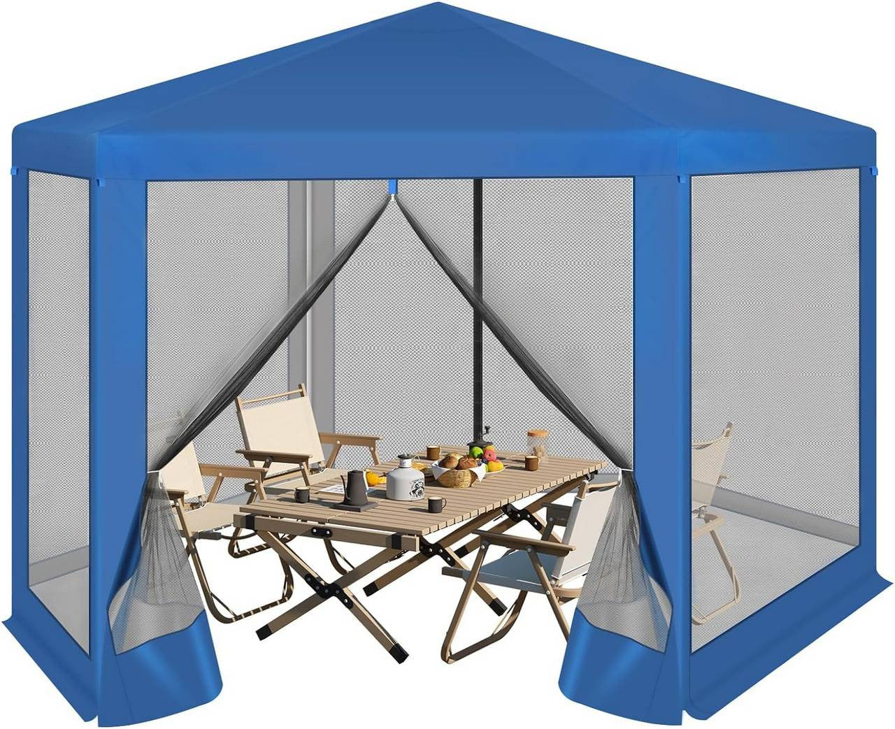 24goodz Hexagonal Garden Pavilion 3.8x3.3m - UV Protection - Breathable Mesh - 210D Oxford Fabric - Blue