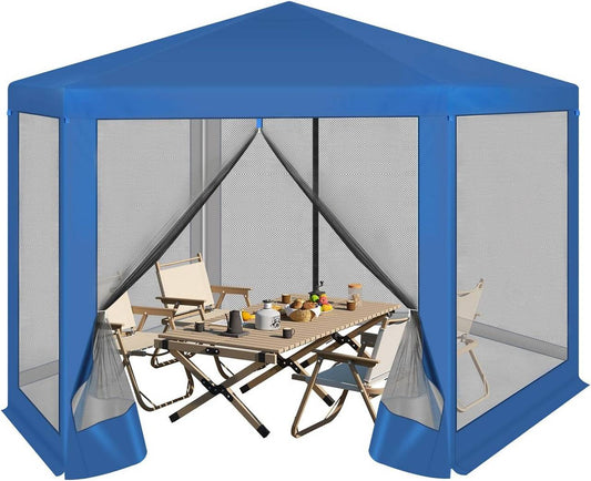 24goodz Hexagonal Garden Pavilion 3.8x3.3m - UV Protection - Breathable Mesh - 210D Oxford Fabric - Blue