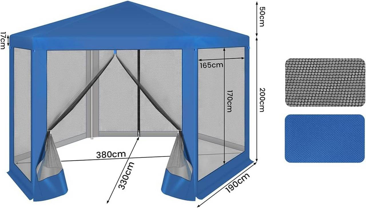 24goodz Hexagonal Garden Pavilion 3.8x3.3m - UV Protection - Breathable Mesh - 210D Oxford Fabric - Blue