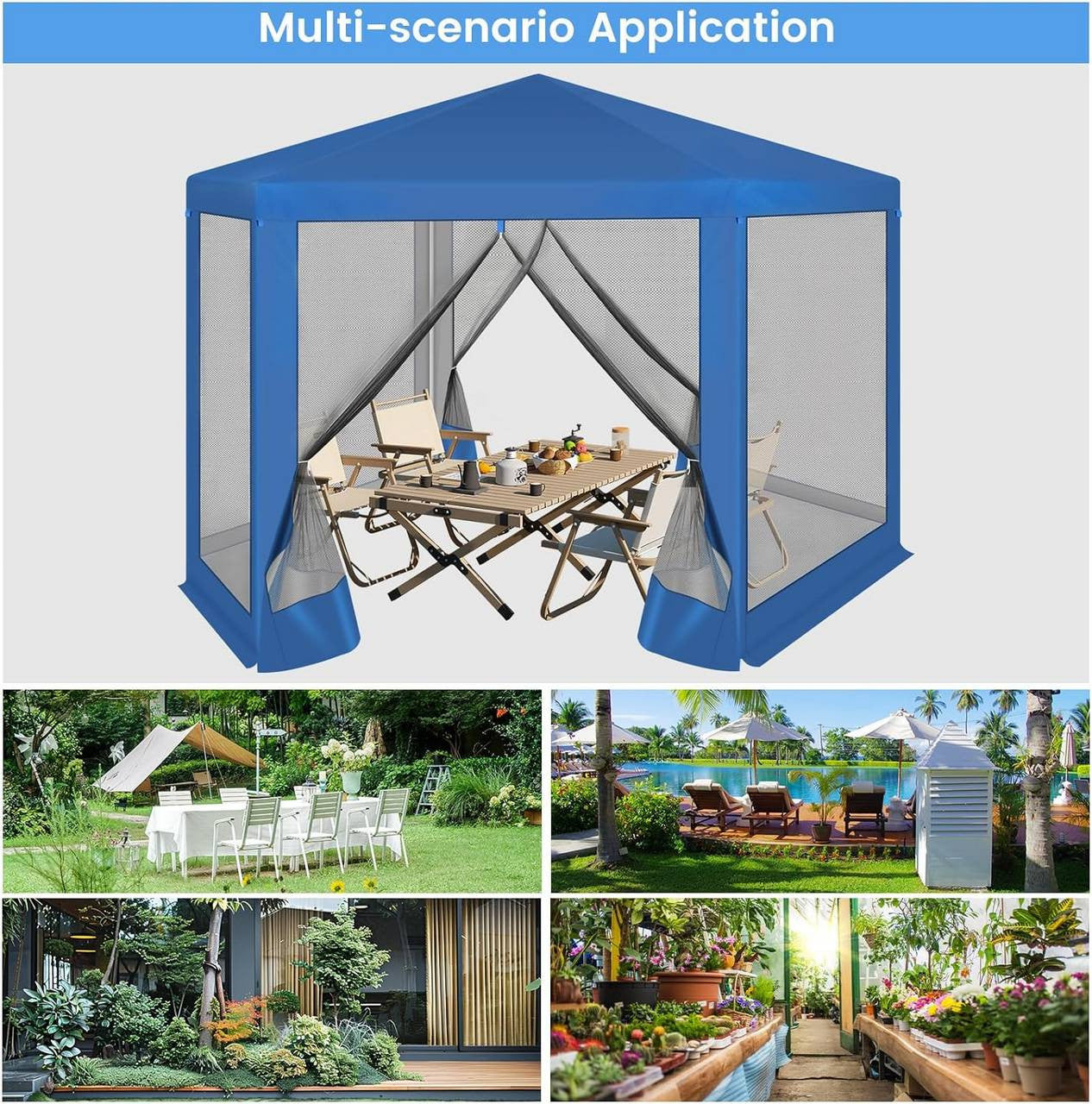 24goodz Hexagonal Garden Pavilion 3.8x3.3m - UV Protection - Breathable Mesh - 210D Oxford Fabric - Blue