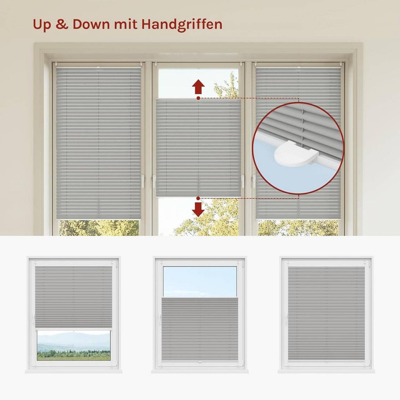 24goodz Pleated Blind with Easyfix Clamp Installation - No Drilling Required - 100% Polyester - For Any Room - Grey 90x130